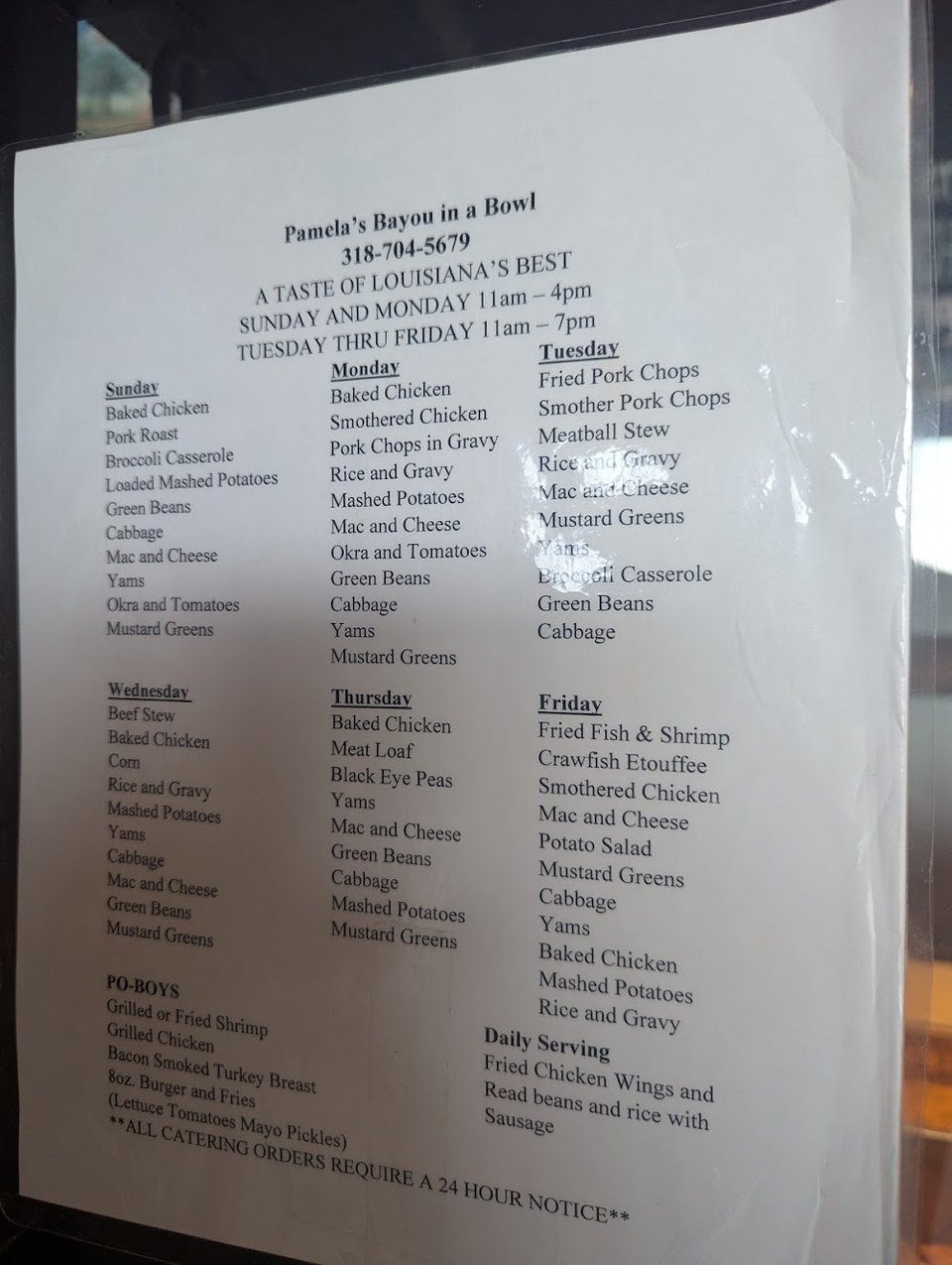 Southern menu items with fried chicken and po' boys.